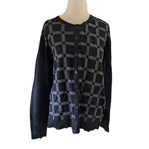 Croft & Barrow Cardigan Womens XXL Black Grey Checkered Button Up Knit Sweater
